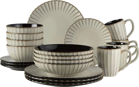Set da tavola per 4 persone - stile vintage moderno - ceramica - beige con accenti neri