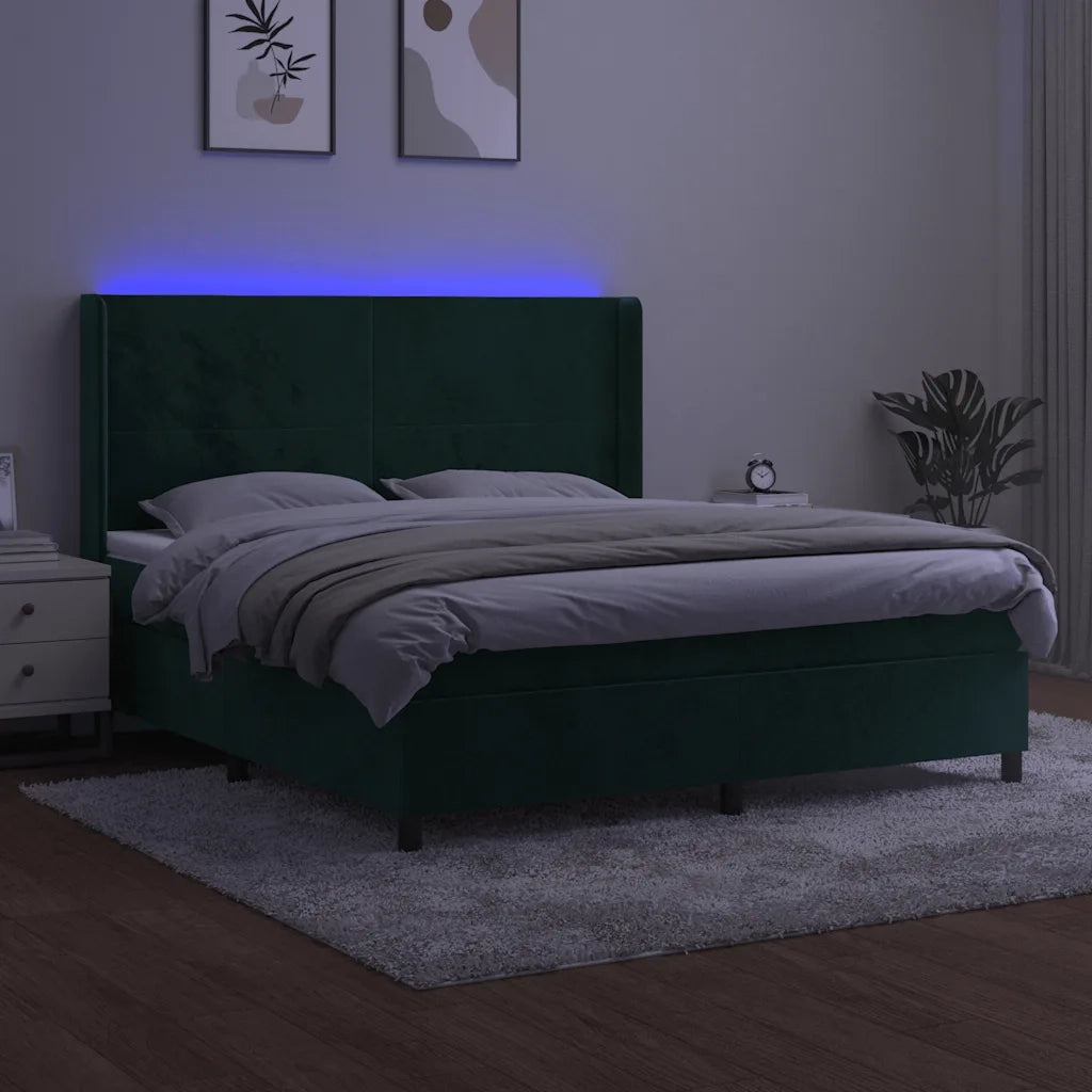 Letto a Molle con Materasso e LED Verde Scuro 180x200cm Velluto 3139460