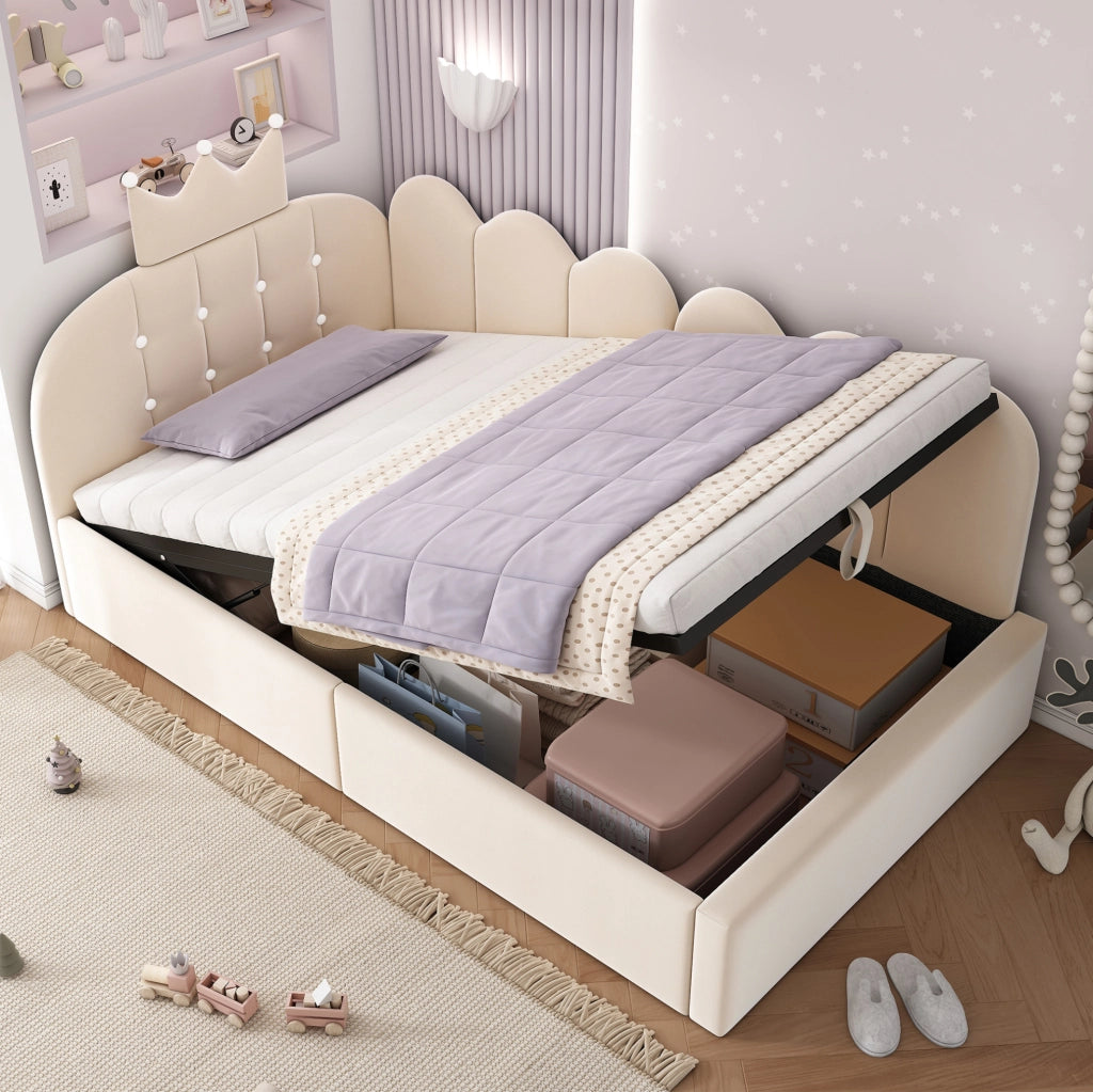 Letto a una piazza con contenitore e design a corona; 90x200 cm; in velluto beige