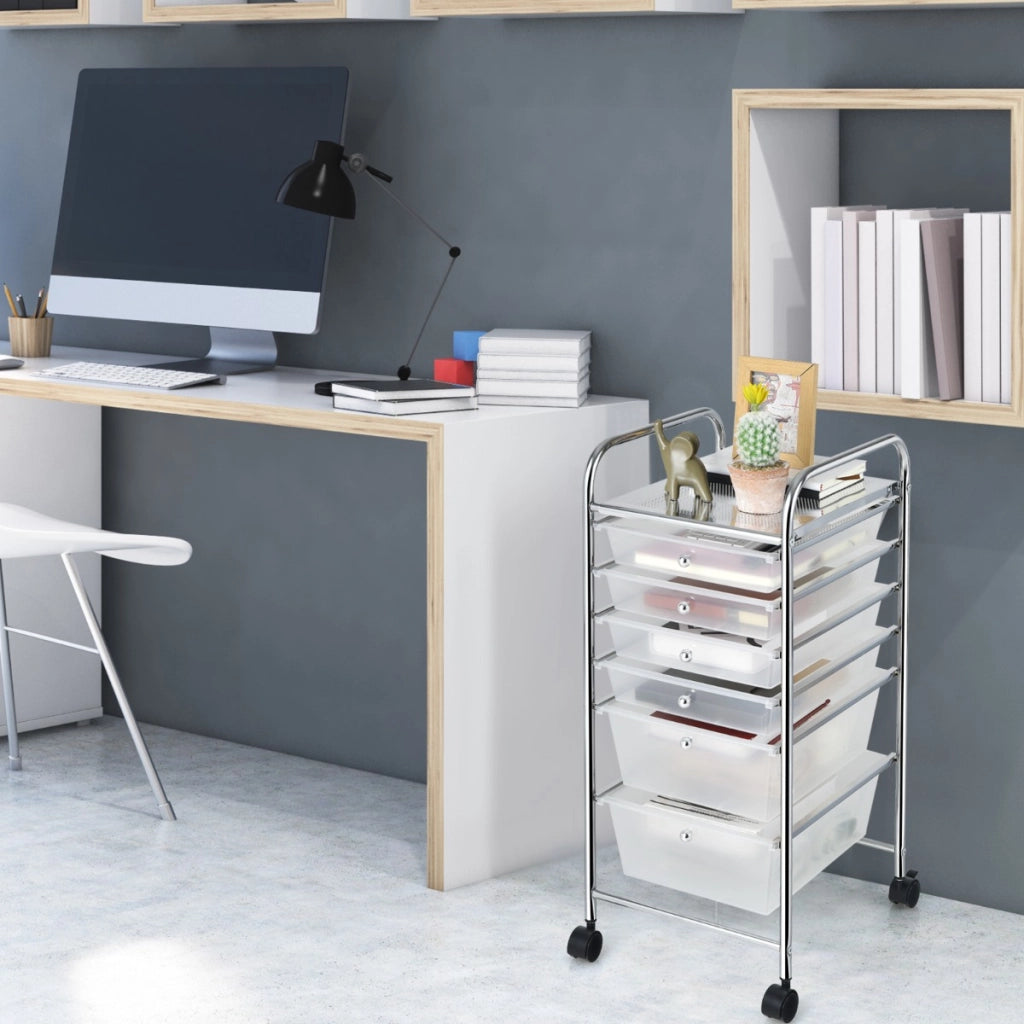 Carrello cassettiera multiuso con 6 cassettiera in plastica con ruote, Carrello per cucina 43,5x34x76cm Trasparente-Armadi da ufficio