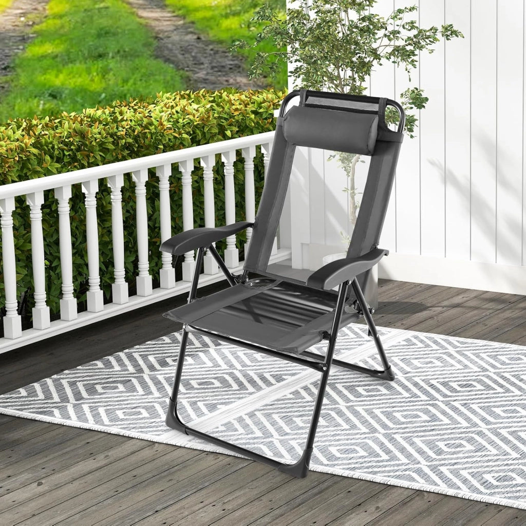 Set 2 Pezzi Sedie da Giardino Pieghevole, Sedie da Esterno con Schienale Alto Regolabile in 7 Posizioni, con Poggiatesta Rimovibile, Sedia a Sdraio Reclinabile per Terrazzo (grigio)