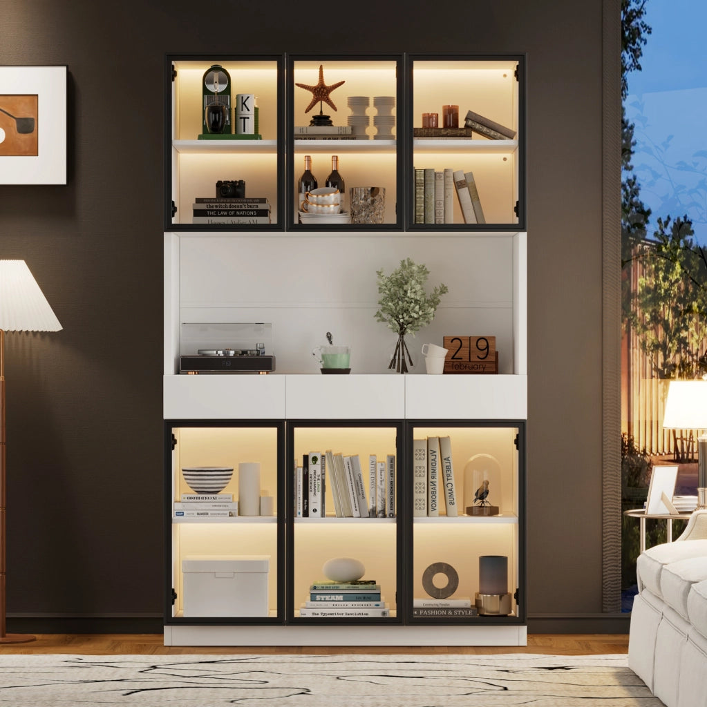 Vetrina alta con LED 120x200 cm in truciolare bianco; con ante in vetro e 3 cassetti