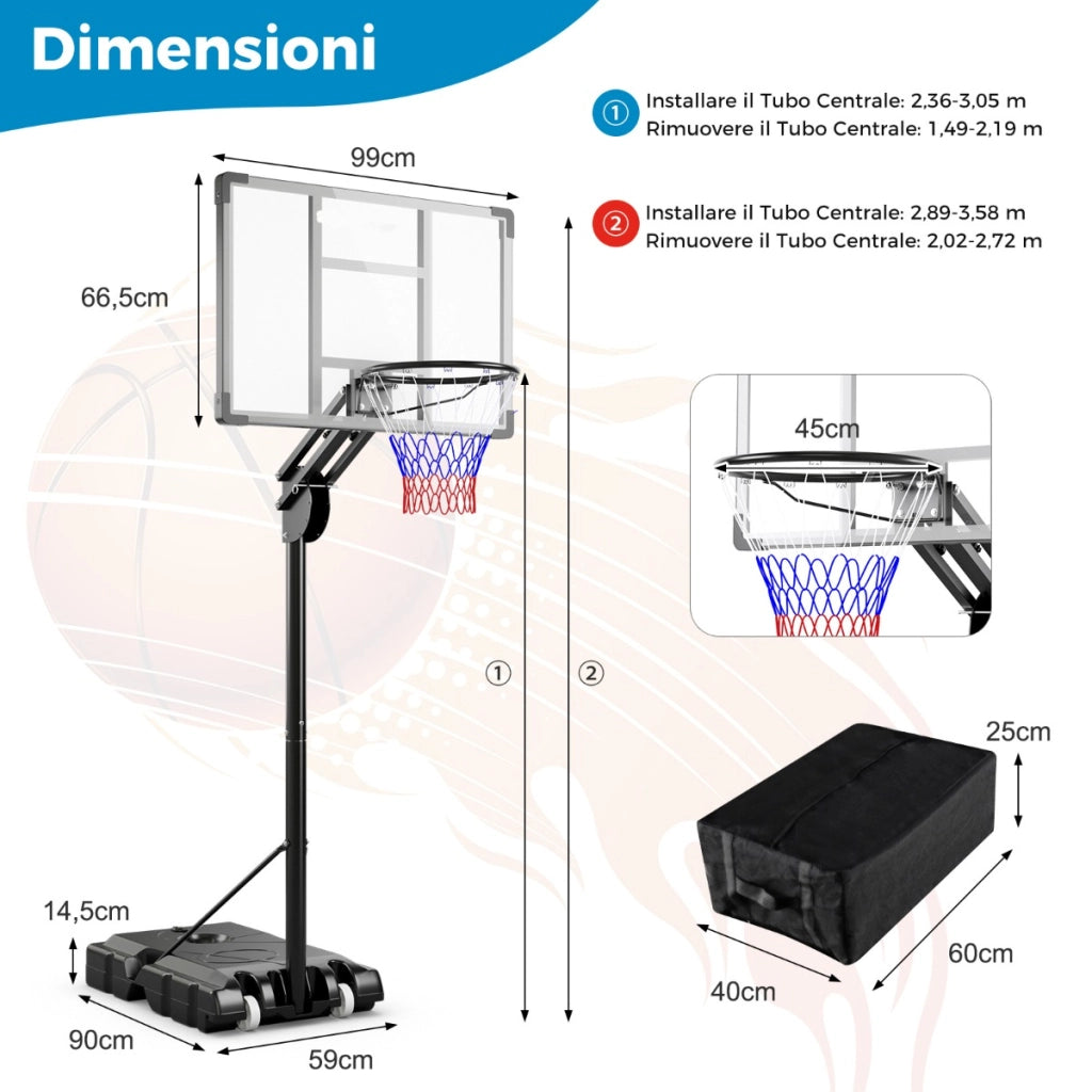 Canestro da basket regolabile da 1,49-3,05m, Canestro da basket portatile con tabella indistruttibile 2 ruote-Ricreazione outdoor