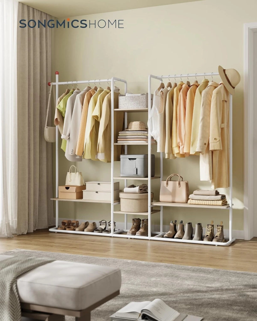 Stand Appendiabiti, Guardaroba Aperto, 6 Ripiani Portaoggetti, 2 Barre, Ganci a Forma di Fiammifero, Armadio Camera da Letto, Beige Naturale e Bianco Opaco RGR012K01