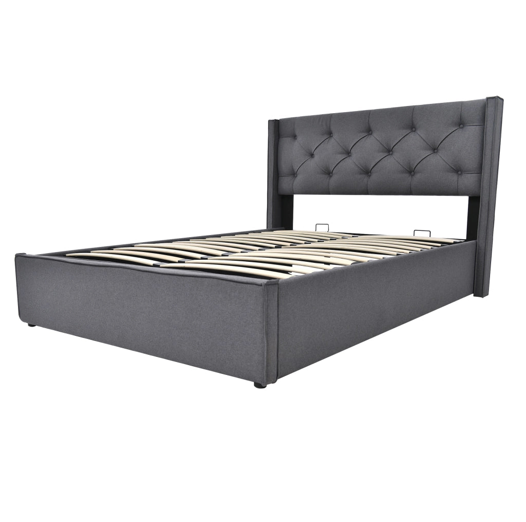 Letto matrimoniale imbottito 160x200 cm con contenitore e rete sollevabile; grigio