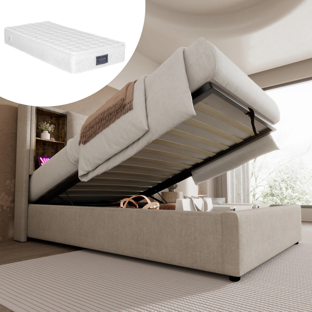 Letto singolo – 90x200 cm – ricarica wireless USBC con materasso – lino naturale