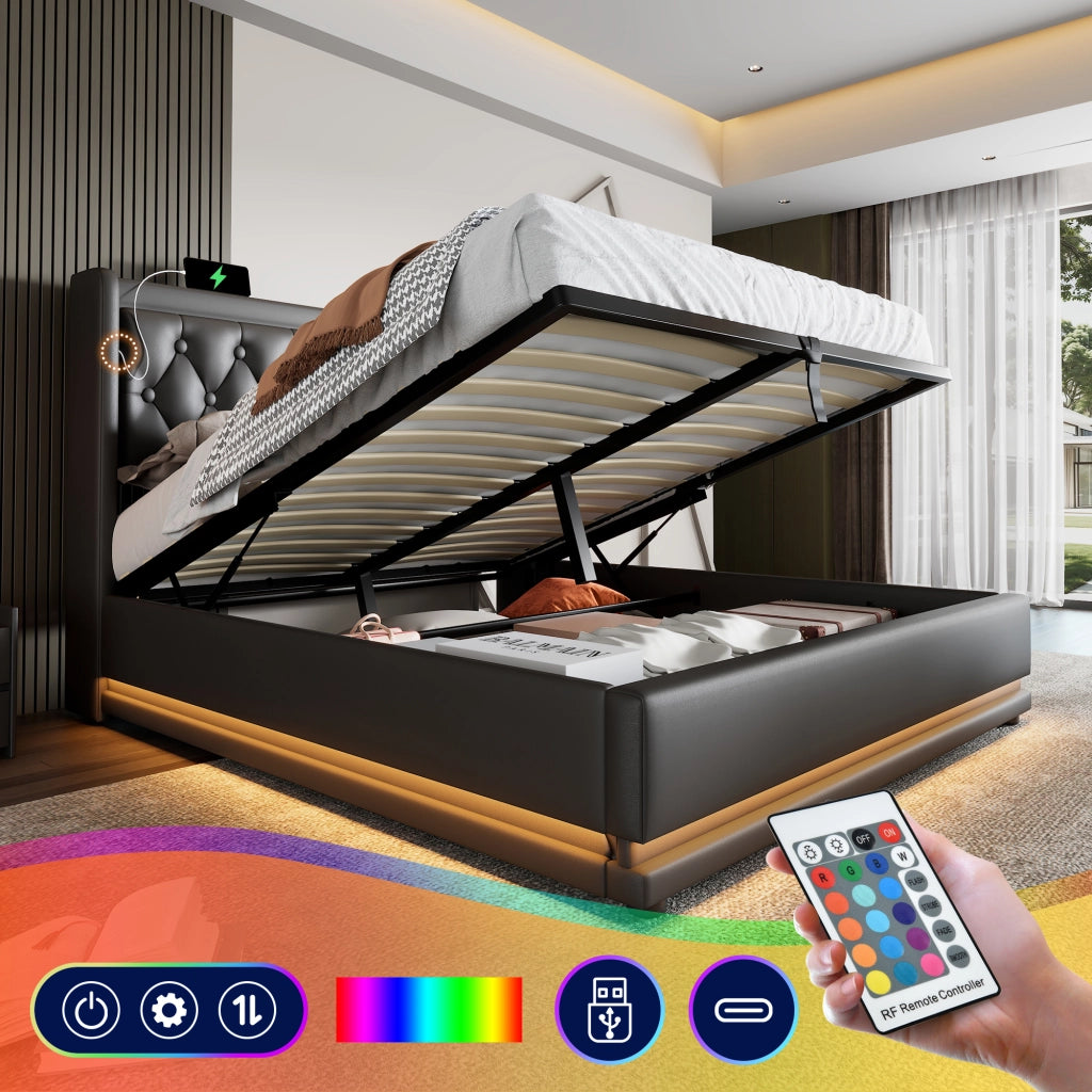 Letto Contenitore 140×200 cm; Letto Matrimoniale con USB; Tipo C e LED su 3 Lati; senza Materasso