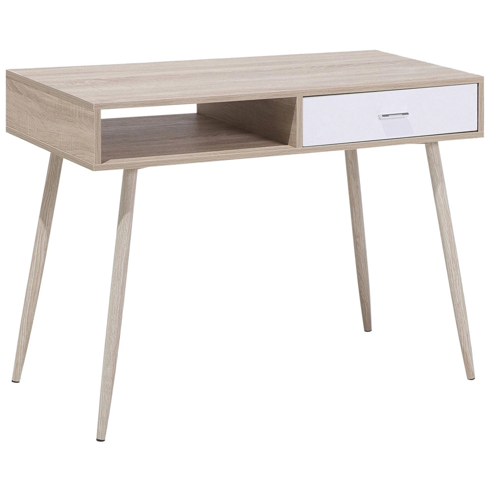Scrivania da Ufficio in Legno Chiaro e Bianco 100 x 48 cm Cassetto Scaffale Scandinavo