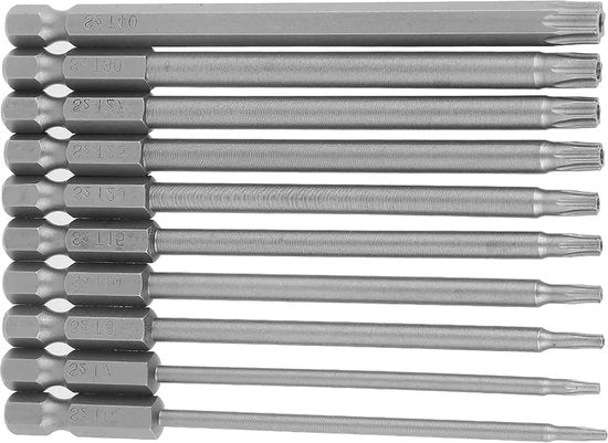 Set di Trapani e Chiavi a Batteria - T6 T7 T8 T10 T15 T20 T25 T27 T30 T40 - S2 Acciaio - 100mm Lunghezza - 10 Pezzi.