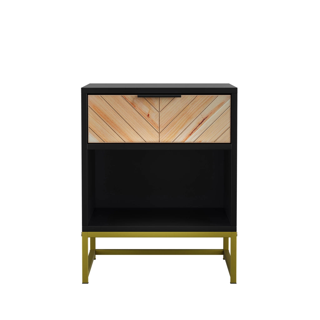 Comodino con 1 cassetto e vano aperto in MDF con gambe in metallo per camera da letto nero naturale 43 × 40 × 55 cm