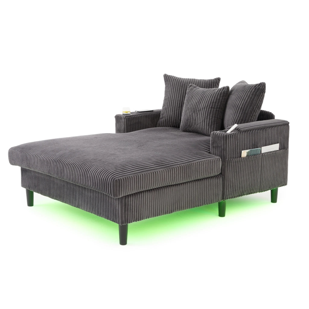 Chaise longue in velluto a coste scuro con porta bevande, LED, USB, contenitore e 3 cuscini