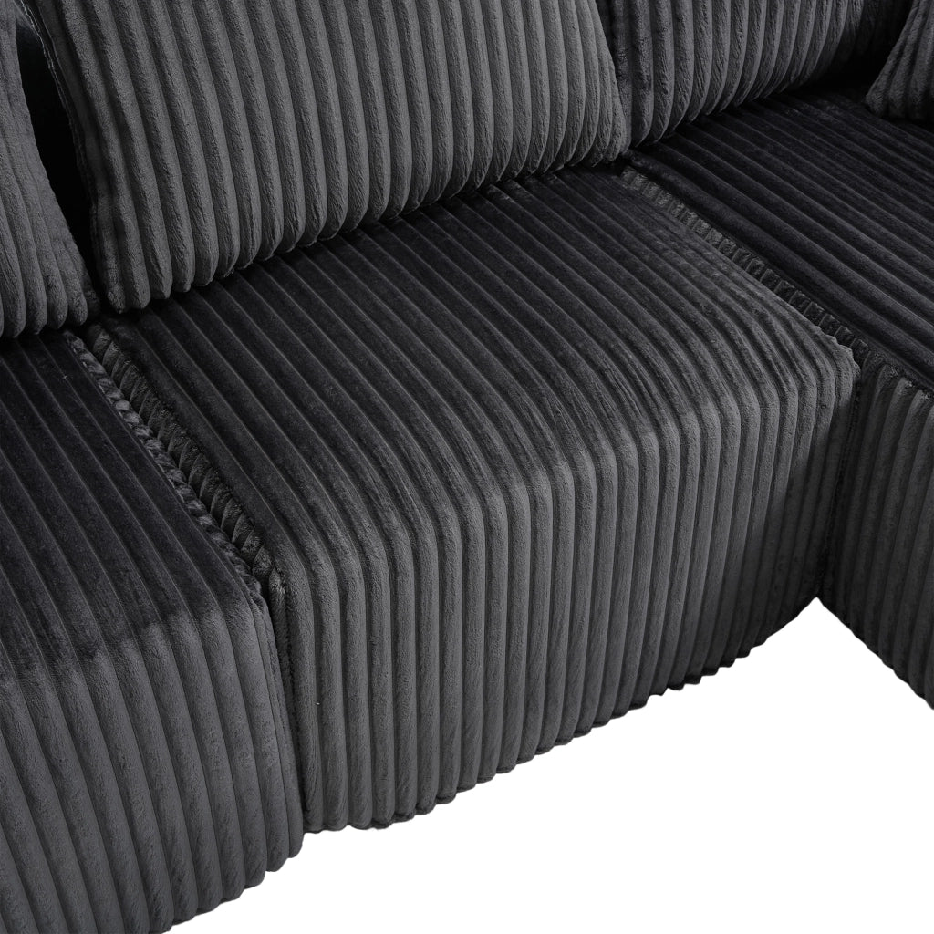 Divano modulare con chaise longue e 2 posti, tasche laterali, portabicchieri, in velluto a coste grigio