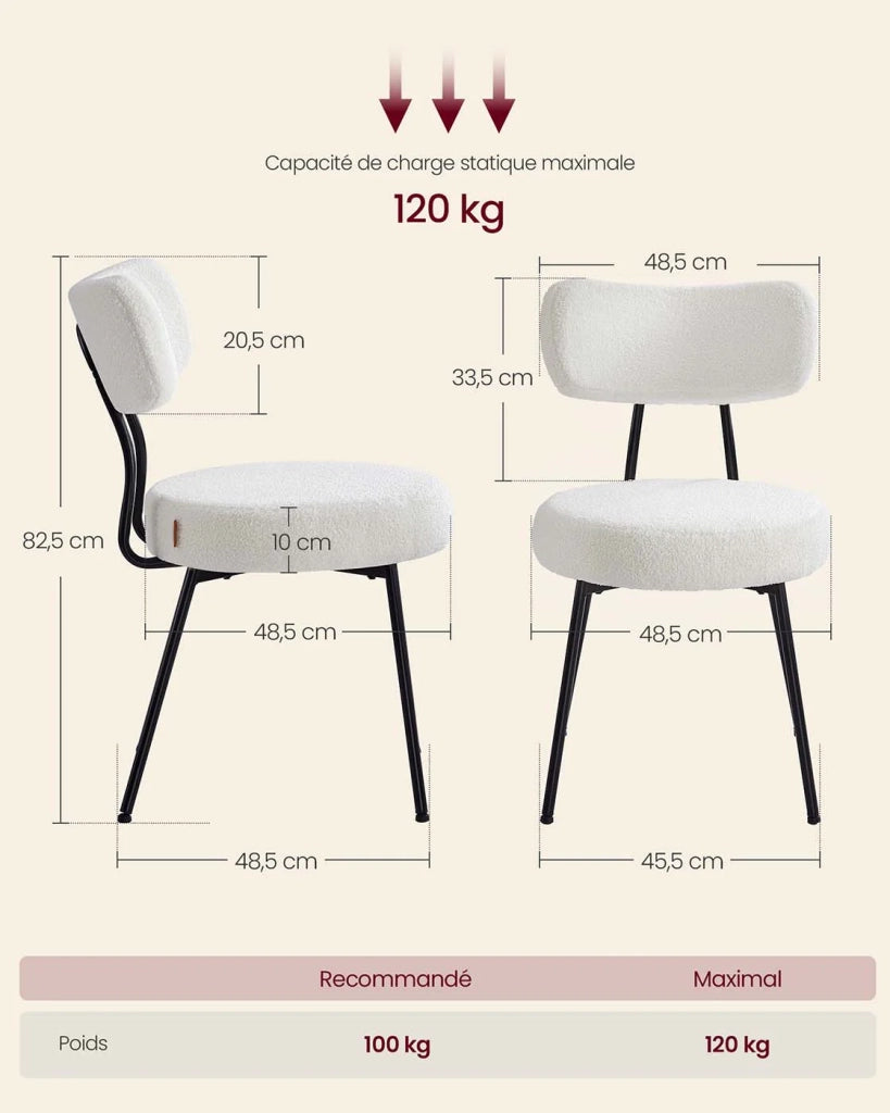 Sedie da pranzo set da 6 tessuto felpato schienale curvo sedie da cucina imbottite struttura moderna in acciaio soggiorno/spogliatoio bianco 12_0004989