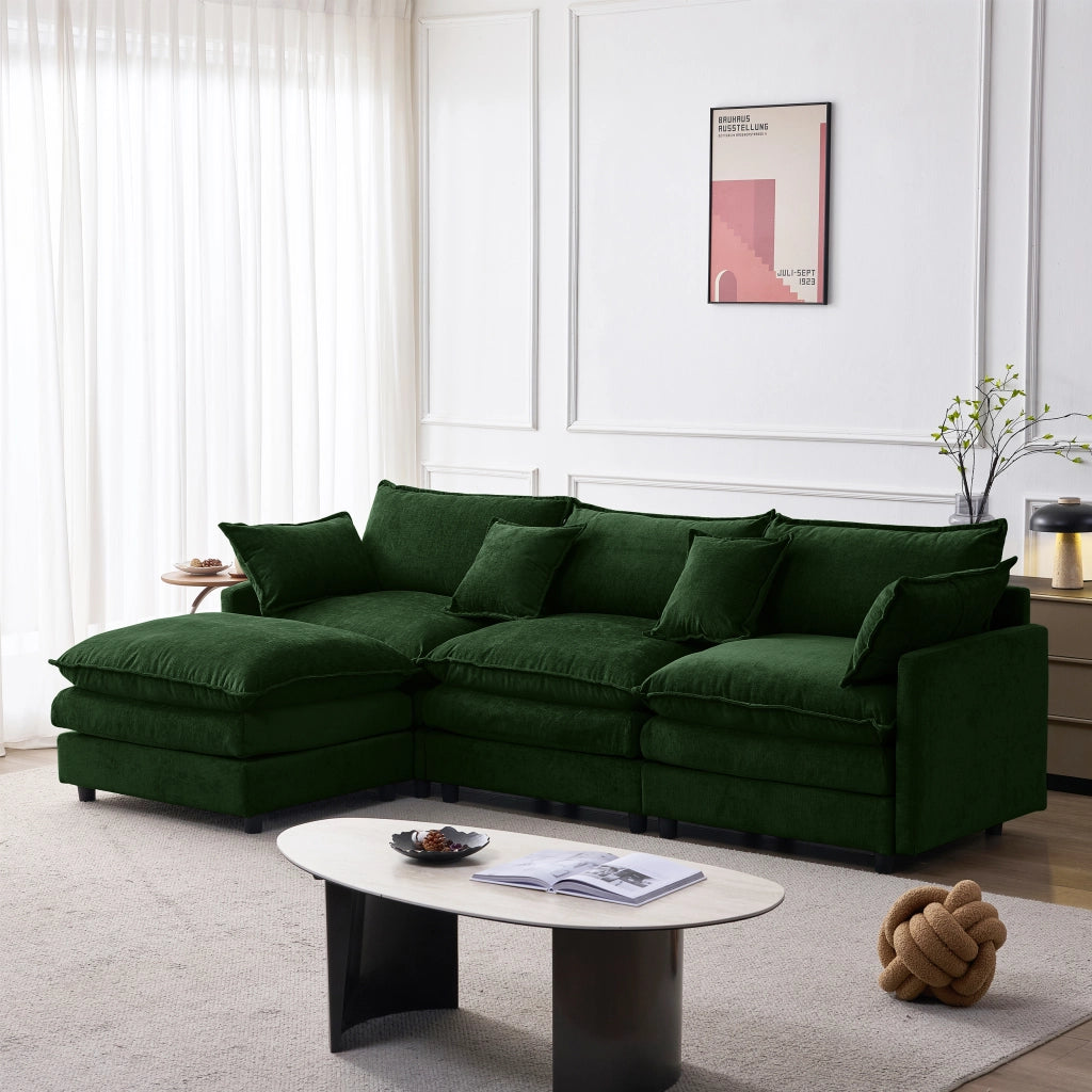 Divano angolare modulare con pouf mobile in chenille verde con seduta in memory schiuma e per 3 persone