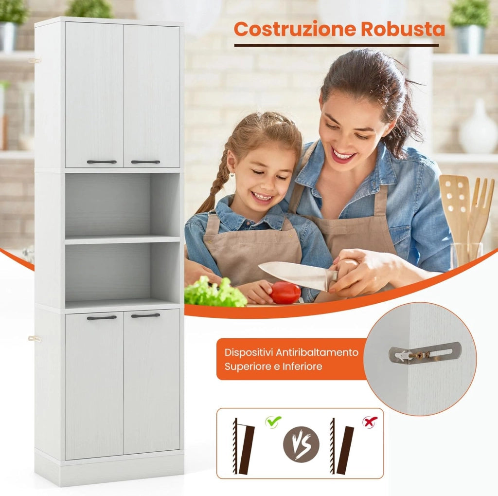 Credenza da Cucina, Mobile Buffet Alto con 2 Armadi a Doppia Porta e 2 Mensole Aperte, per Soggiorno, Cucina e Sala da Pranzo, 56 x 30 x 190 cm (Quercia Bianca)