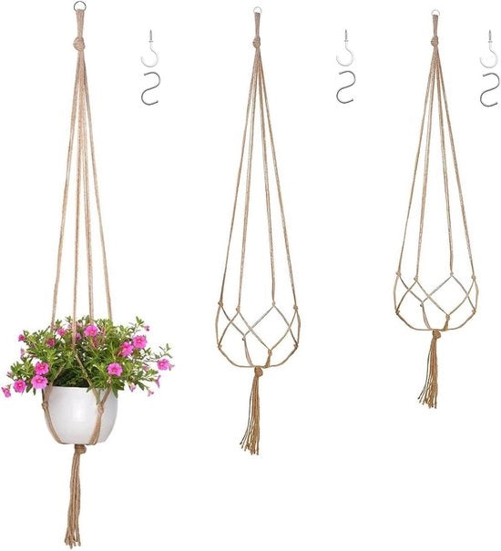 Set di appoggio per piante in macramè con set di aghi e corda di juta per contenitore di piante - contenitore per piante con chiusura netta e uncino per piante da interni da 90 cm - 100 cm - 120 cm