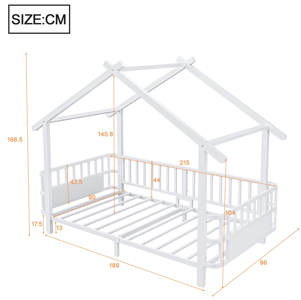 Letto per bambini 90x200 cm con barriera di sicurezza e struttura a casetta in metallo bianco