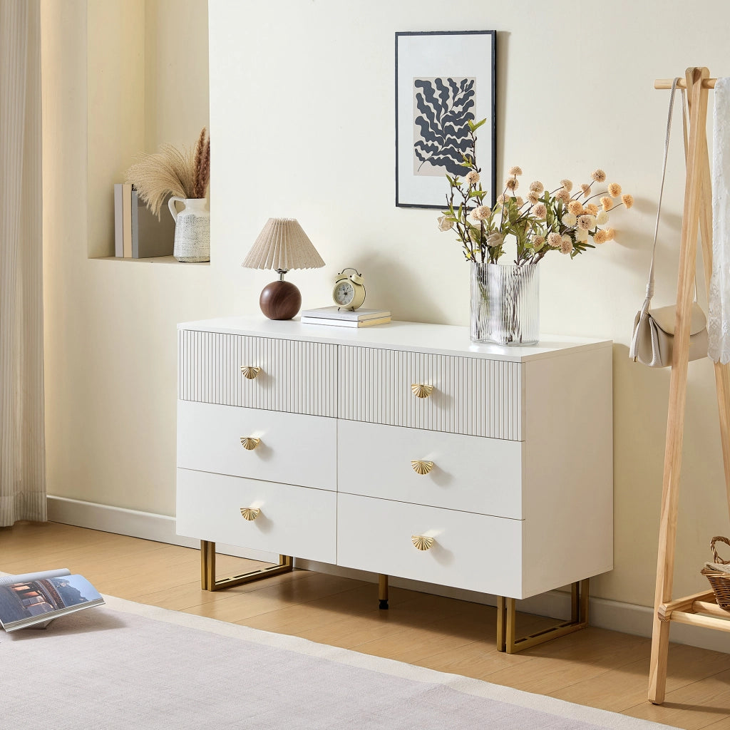 Credenza con 6 Cassetti; Maniglie in Lega di Zinco e Gambe in Acciaio; Moderna; in MDF; Bianco; 120??40??75 cm
