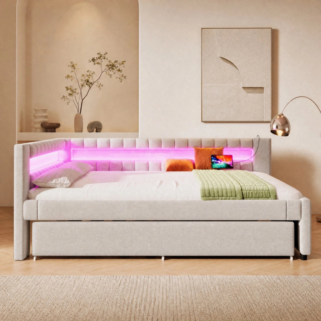 Letto singolo 140x200 cm con letto estraibile, LED e porte USB/Type-C beige HAVRYA