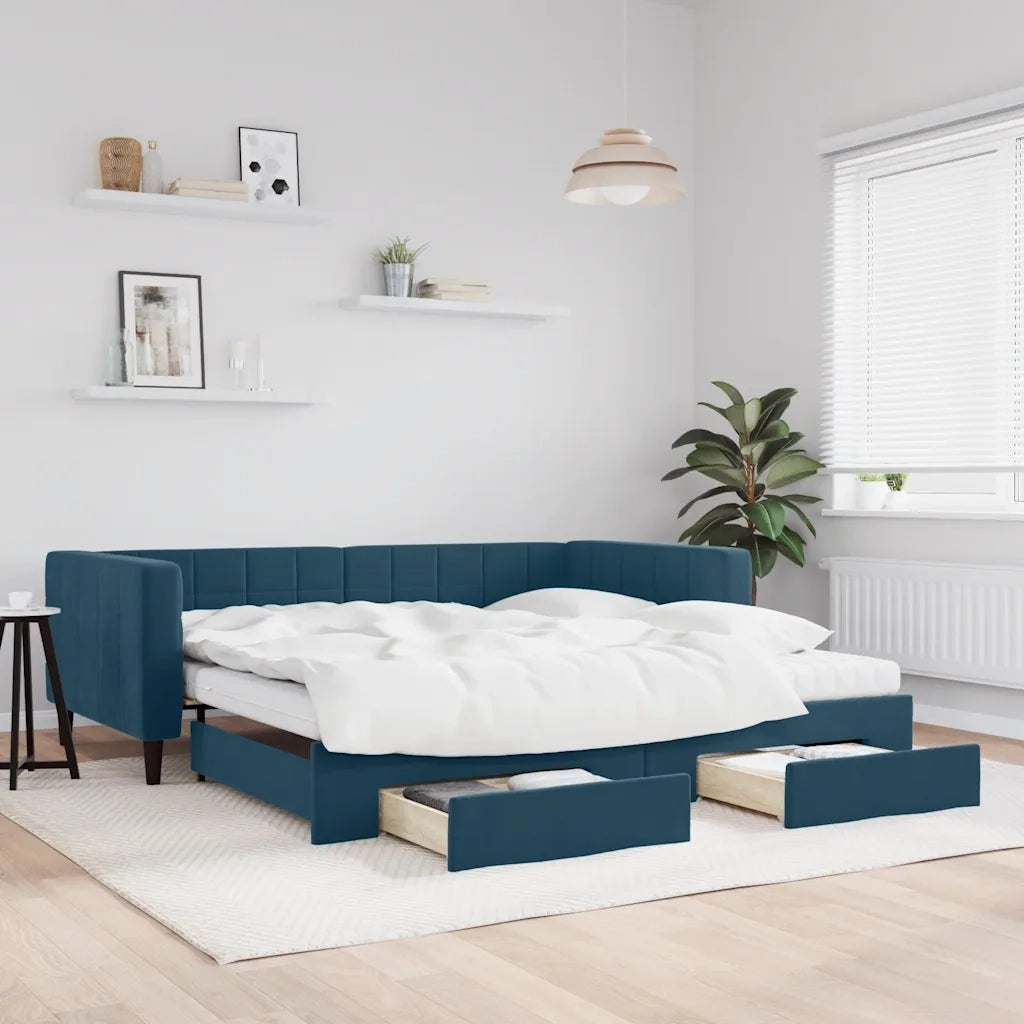 Divano Letto Estraibile con Cassetti Blu 100x200 cm in Velluto