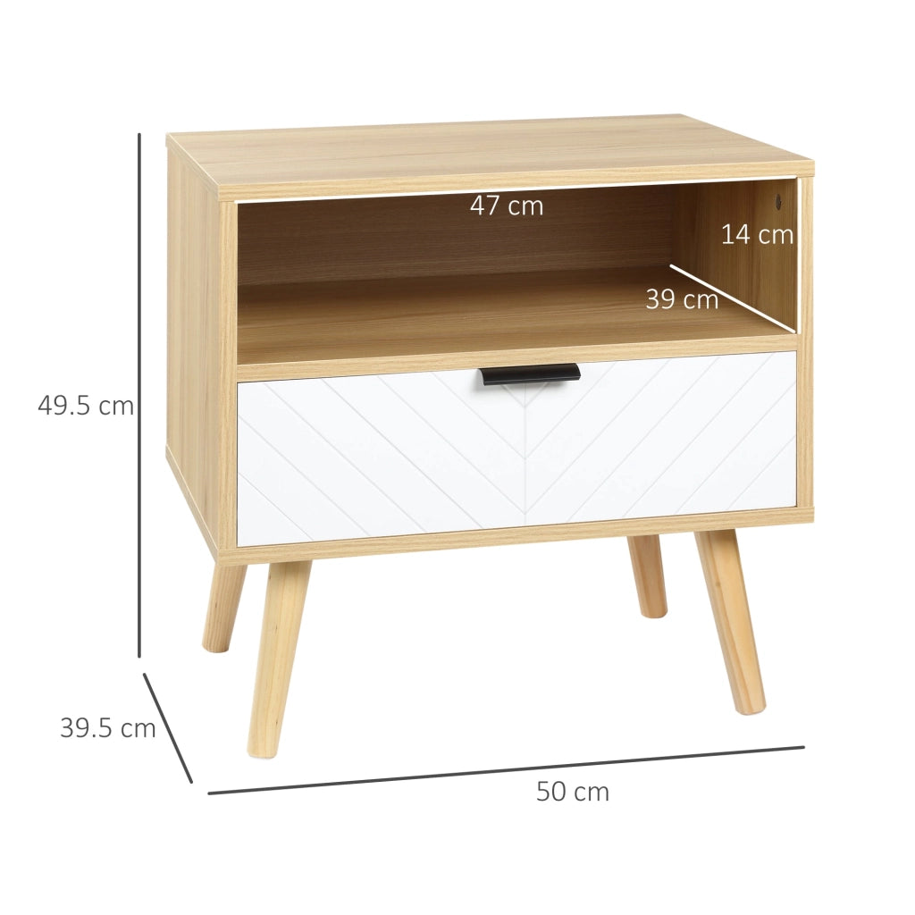 Comodino Moderno con Cassetto Estraibile e Ripiano Aperto 50x39,5x49,5 cm in Legno Bianco e color Legno