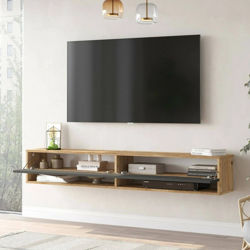 Mobile porta TV Compasso, Credenza da soggiorno, Armadio basso per TV, Base parete attrezzata, 180x32h29 cm, Quercia e Antracite