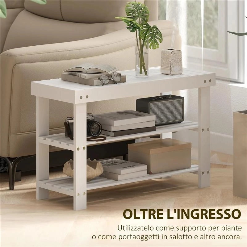 PANCA SCARPIERA BASSA IN BAMBÙ CON 2 RIPIANI A DOGHE E SEDUTA, 70X28X45 CM, BIANCO