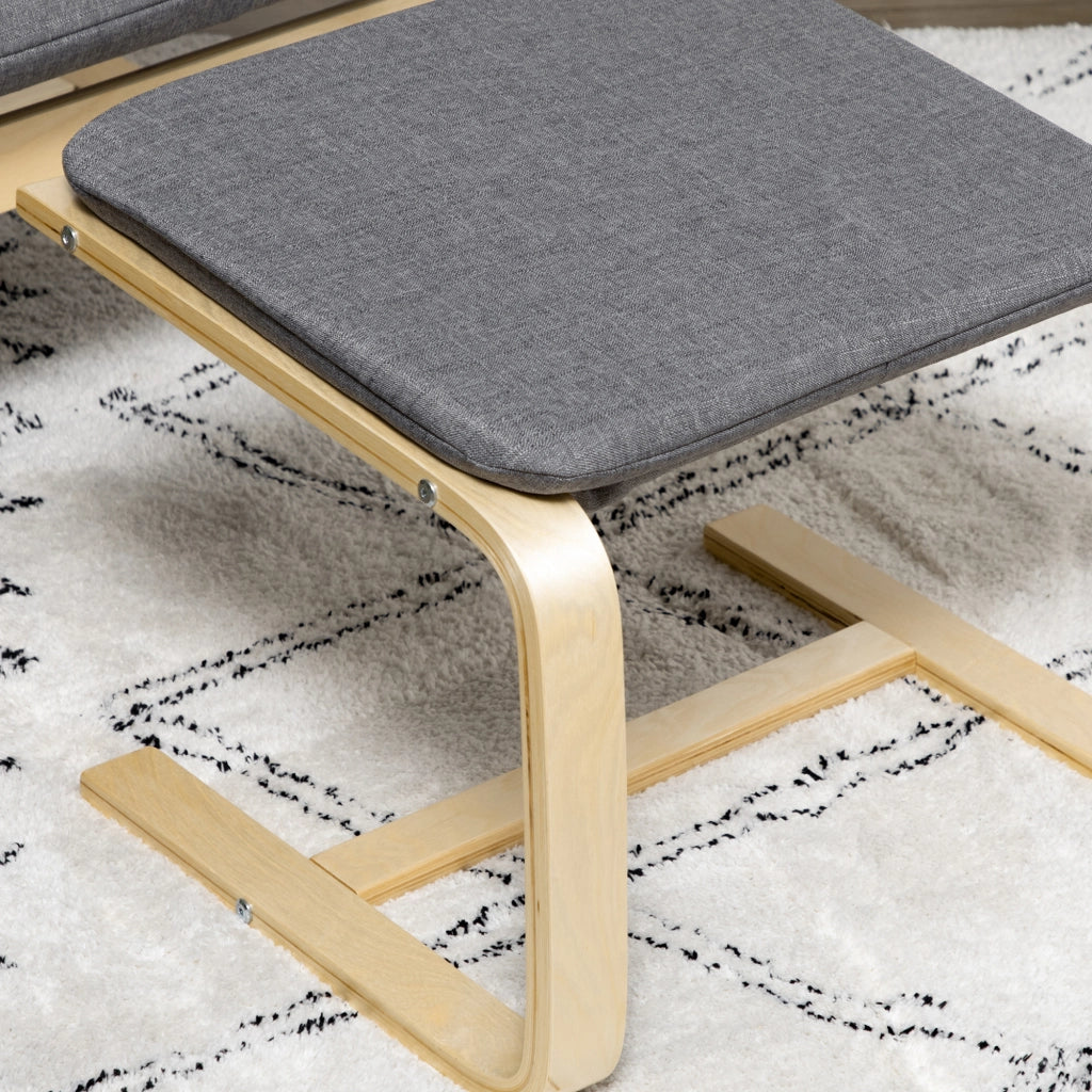 Poltrona relax con poggiapiedi, rivestimento effetto lino grigio, struttura in legno, per soggiorno e camera da letto