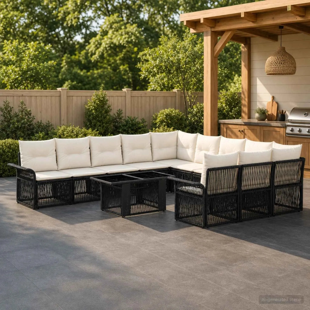 Set Divano da Giardino 12 pz Nero e Bianco Crema polyrattan 3436702