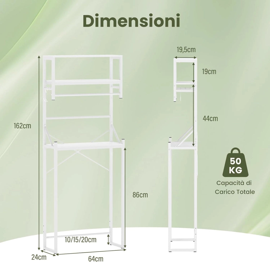 Scaffale per Sopra il WC, Mobile da Bagno con 3 Ripiani, Portasciugamani e Ganci e Barra Inferiore Regolabile, Mobiletto da Bagno Autoportante per Risparmio di Spazio, 64 x 24 x 162 cm