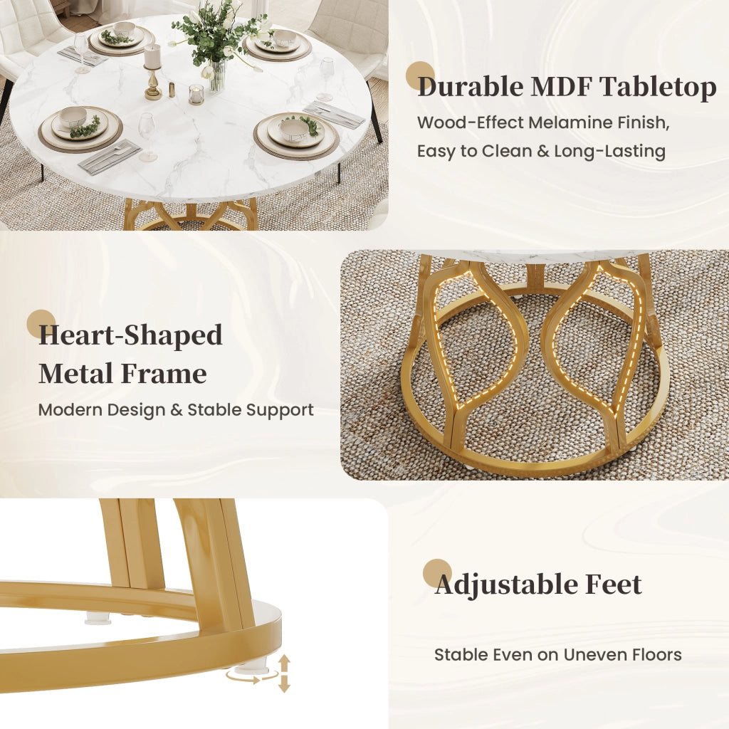 Tavolo da pranzo rotondo con ripiano, per 4-6 persone, in MDF e metallo, bianco e oro, 100 × 100 × 75 cm