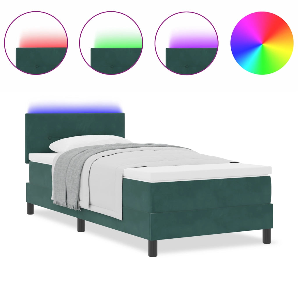 Letto Box Spring con Materasso e LED Verde Scuro 90x190 cm Velluto