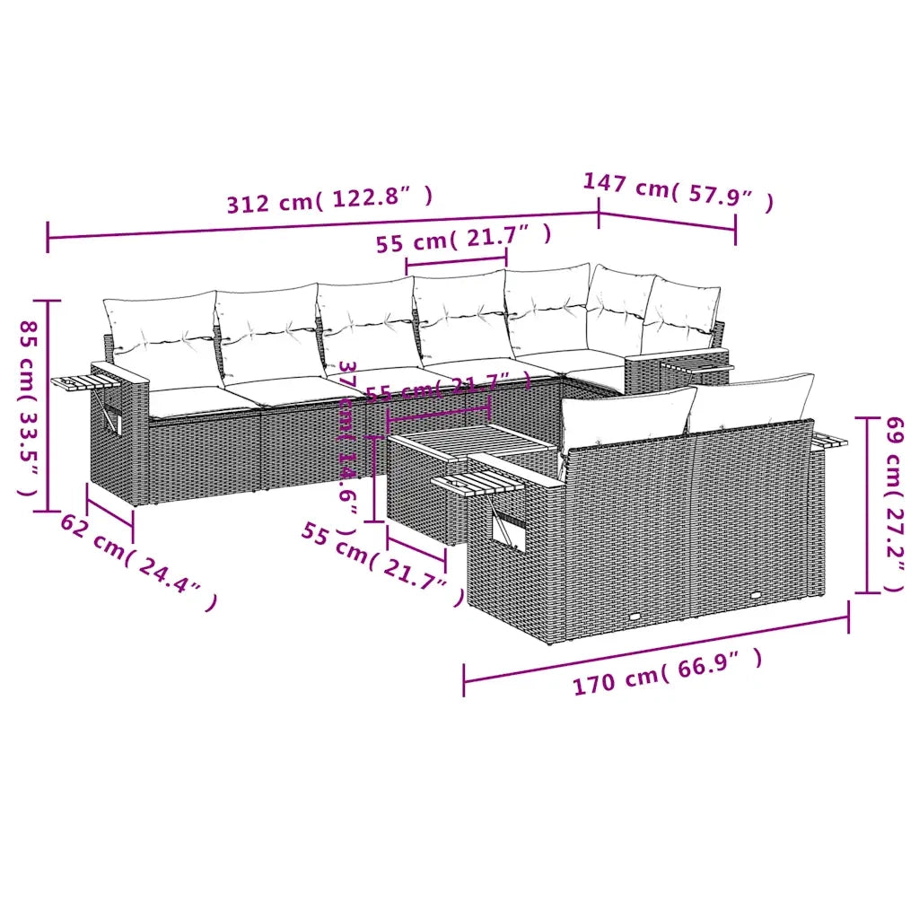Set Divani da Giardino 9 pz con Cuscini Grigio in Polyrattan