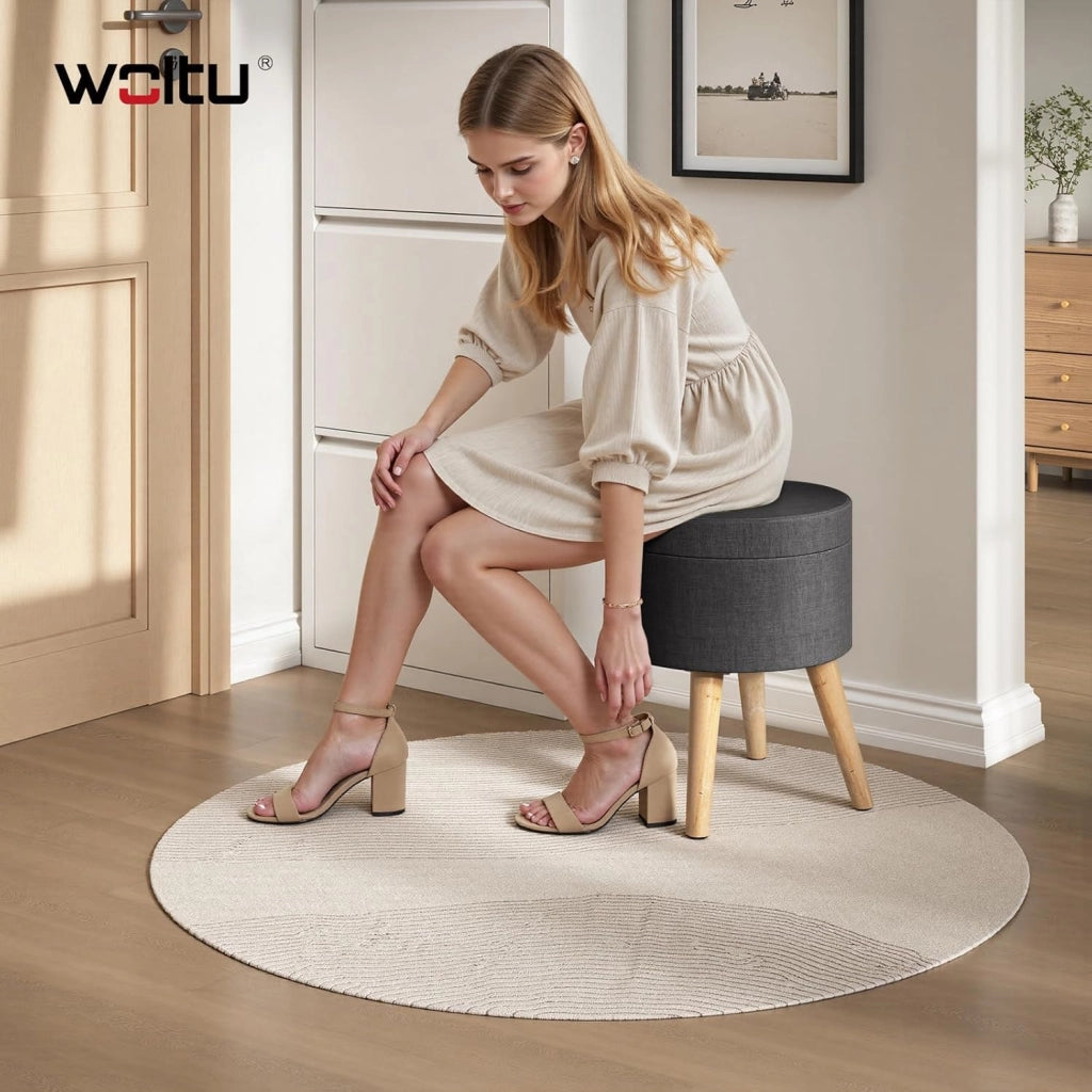 Pouf Contenitore Sgabello Basso Sedia Rotonda Poggiapiedi Gambe in Legno Grigio Scuro