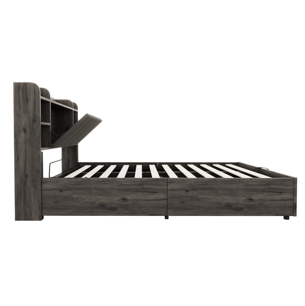 Letto 140x200 cm con contenitore idraulico; USB e vani in MDF grigio
