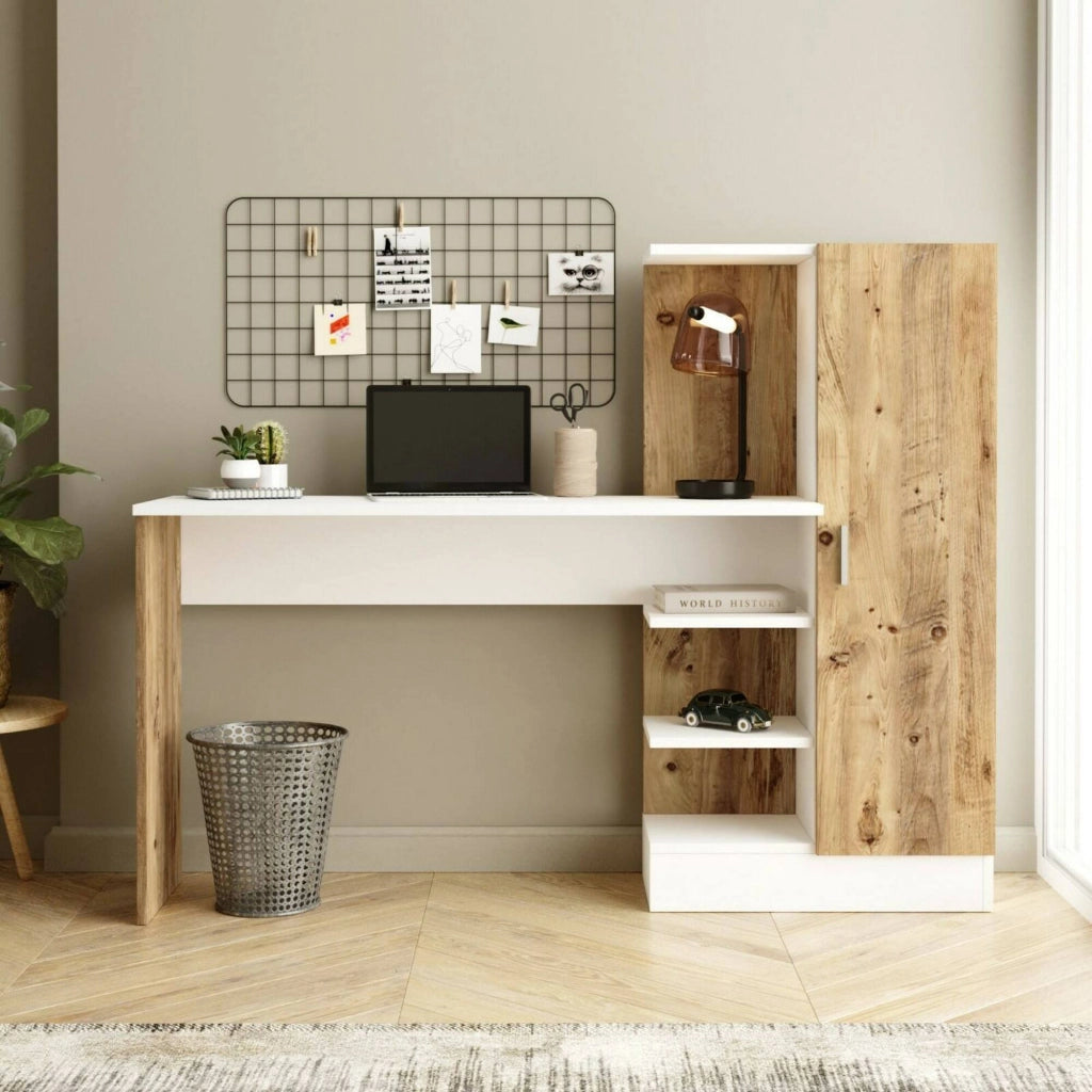 Scrivania Angaga, Scrittoio multiuso, Tavolo per ufficio porta PC, Piano di lavoro, 152x40h120 cm, Quercia e Bianco