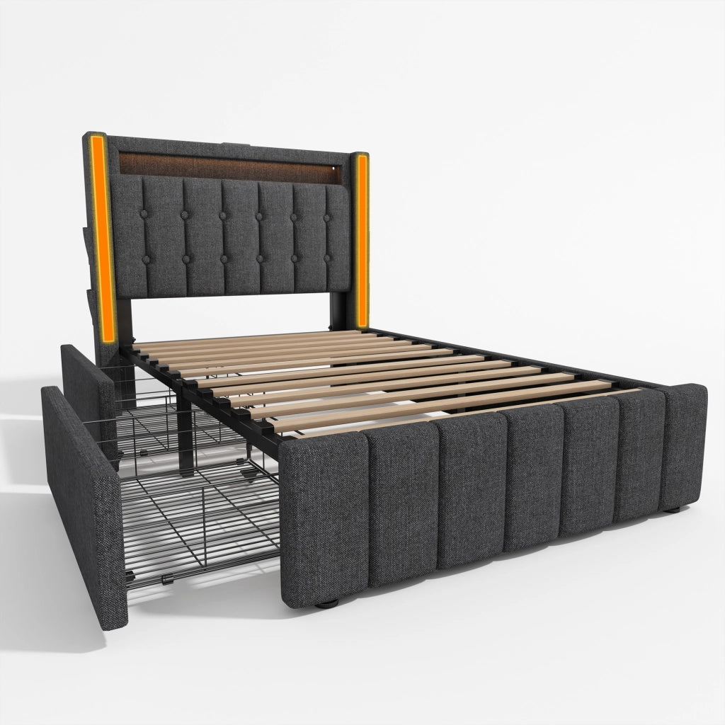 Letto singolo 90x200 cm con USB, porte Type-C, LED, 2 cassetti e rete a doghe in legno, grigio