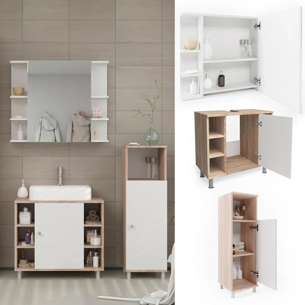 Set mobili bagno Fynn, Sonoma, 60 cm, composto da mobile sottolavabo, specchiera e mobile medio