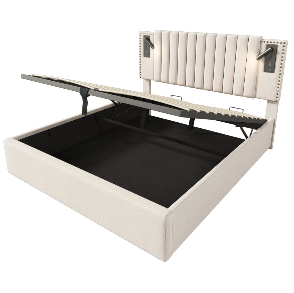 Letto matrimoniale 160x200 cm con contenitore; testiera regolabile con luci da lettura e porte USB; beige