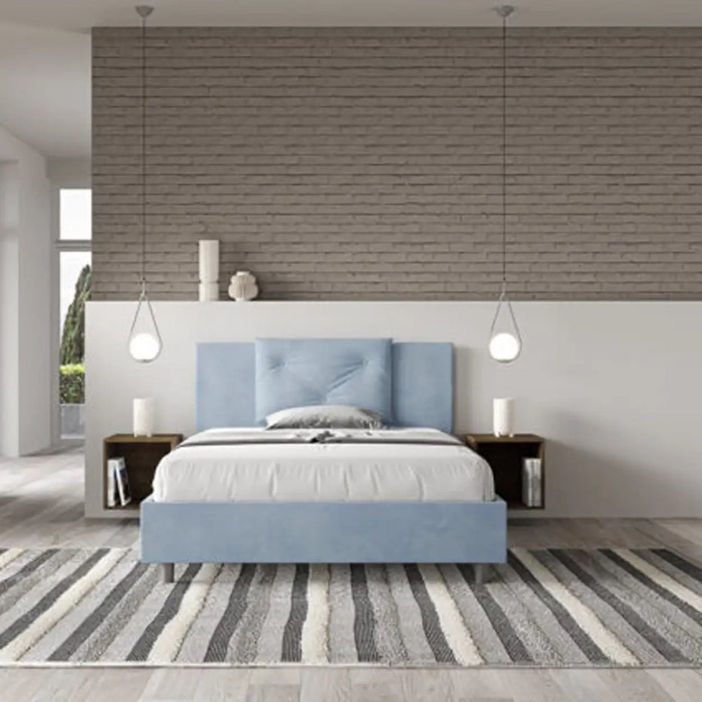 Letto matrimoniale francese senza rete imbottito 140x210 microfibra azzurro Appia
