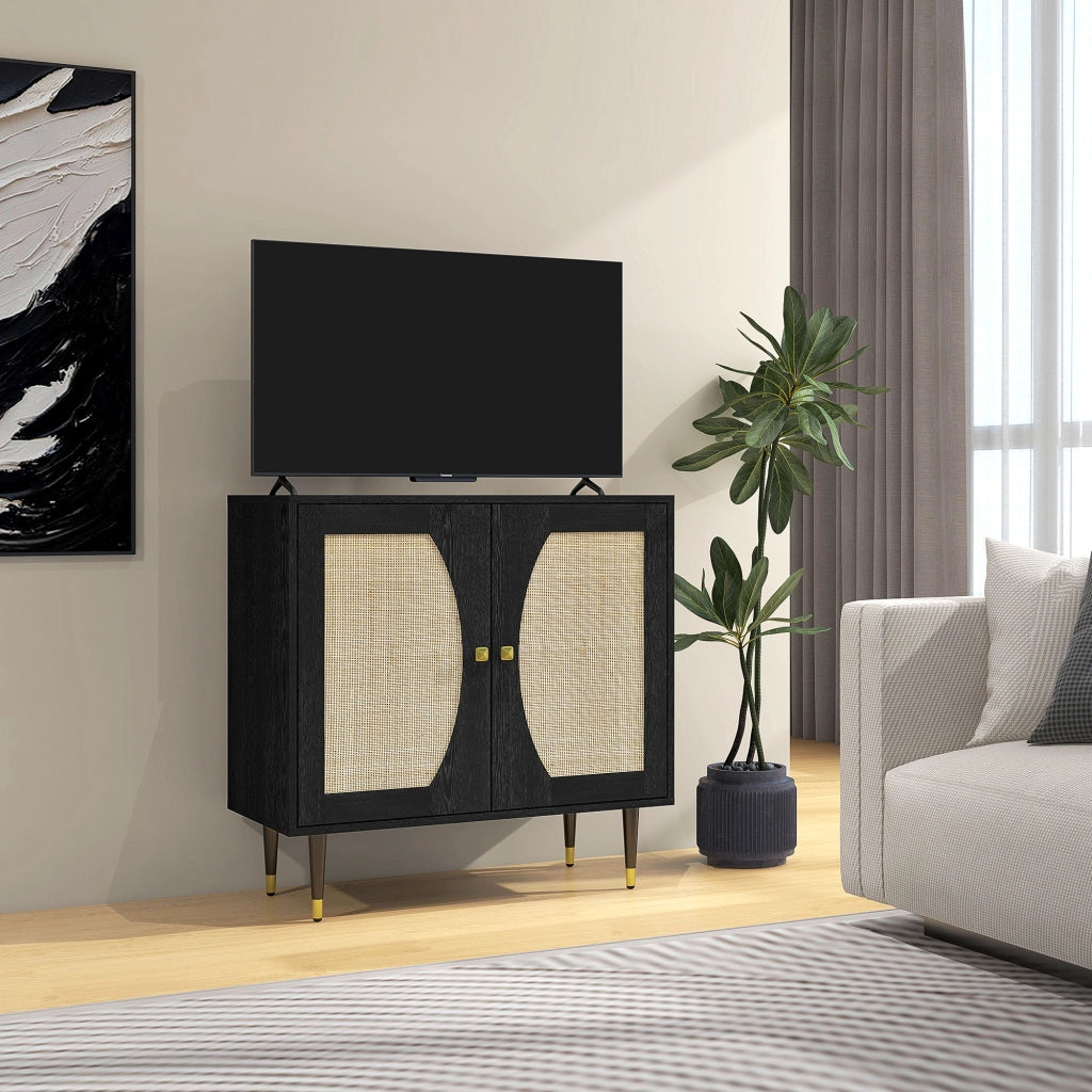 Credenza design con ante in rattan ¨C zephmum ¨C 80x38x79 cm nero