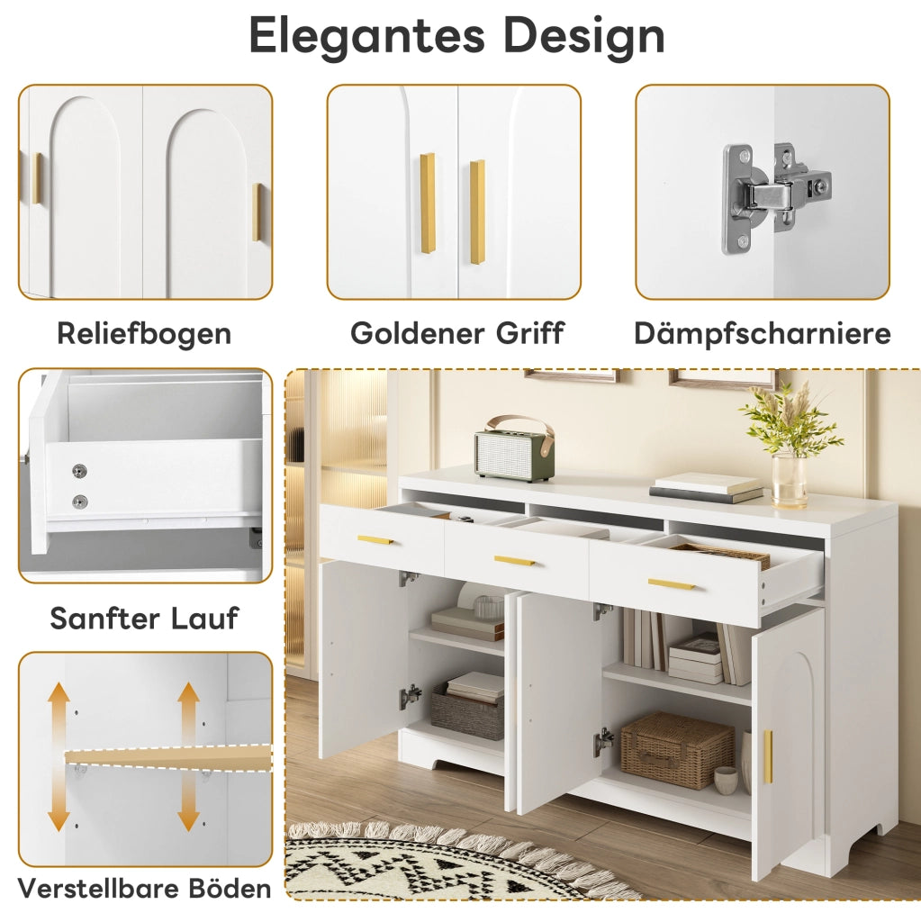 Credenza bianca 140 cm con 4 ante ad arco e 3 cassetti