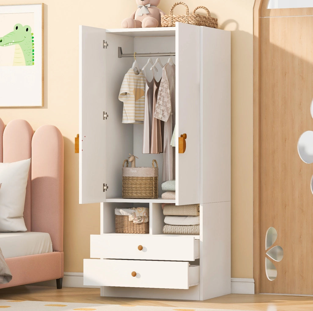 Armadio guardaroba 70x50x170 cm con 2 ante, 2 cassetti e vani in compensato e MDF bianco