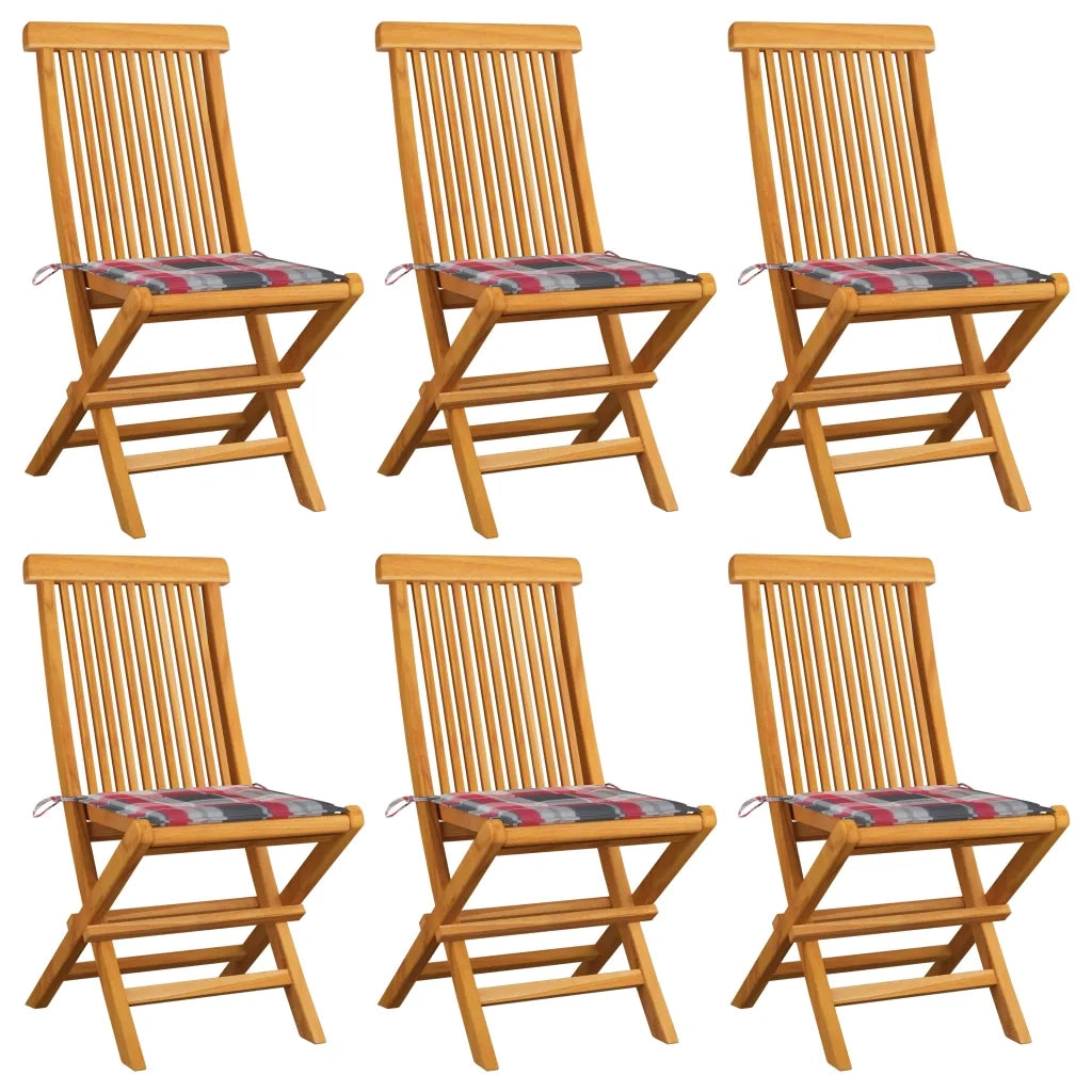 Sedie da Giardino e Cuscini Rossi a Quadri 6 pz Massello Teakcod mxl 93722
