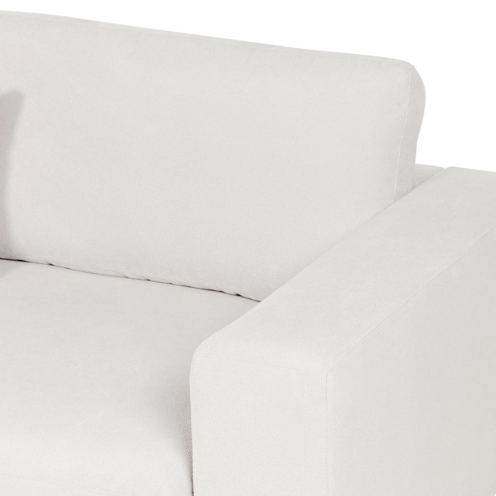 Divano angolare a 4 posti a sinistra Tessuto bianco Braccioli imbottiti a binario Cuscini aggiuntivi Stile moderno minimalista