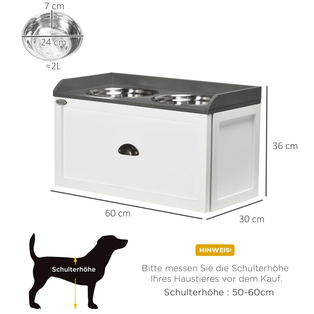 Scaffale con ciotole estraibili e cassetto portaoggetti in acciaio inox per cani grandi bianco 60 × 30 × 36 cm