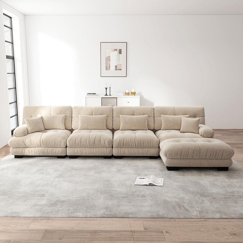 Divano angolare modulare - Xylo - Configurazione L, 4 posti con pouf removibile, chenille marrone chiaro