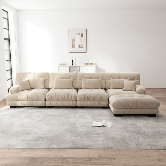 Divano angolare modulare - Xylo - Configurazione L, 4 posti con pouf removibile, chenille marrone chiaro