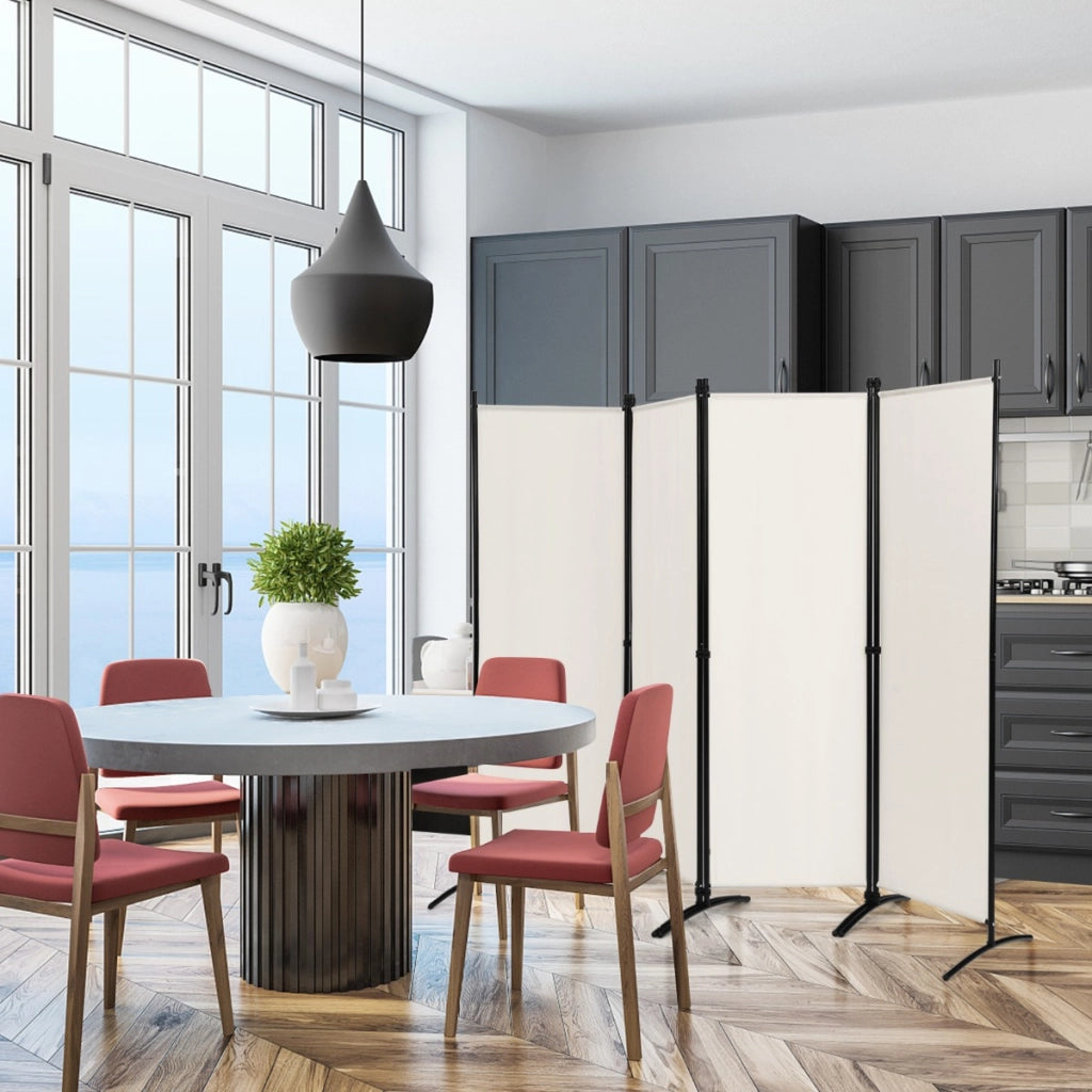 Paravento a 4 pannelli da interno in metallo-Divisorio pieghevole con piedini stabili 220x173cm Beige