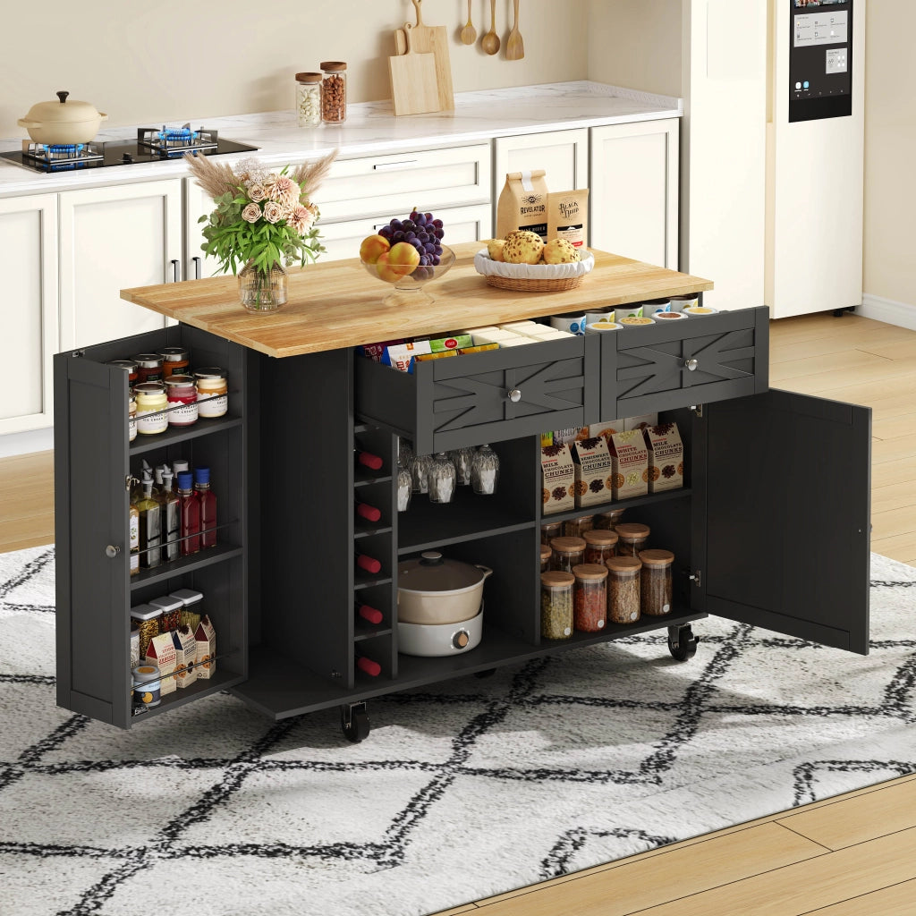 Isola cucina pieghevole - Zephmum- 120x45(70)x89 cm- Nero- 5 ruote bloccabili, ripiano porta, porta vino, porta bicchieri